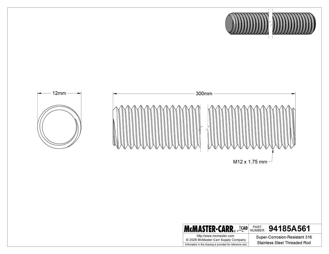 Technical Drawing of Super-Corrosion-Resistant 316 Stainless Steel Threaded Rod, M12 x 1.75 mm Thread Size, 300 mm Long.